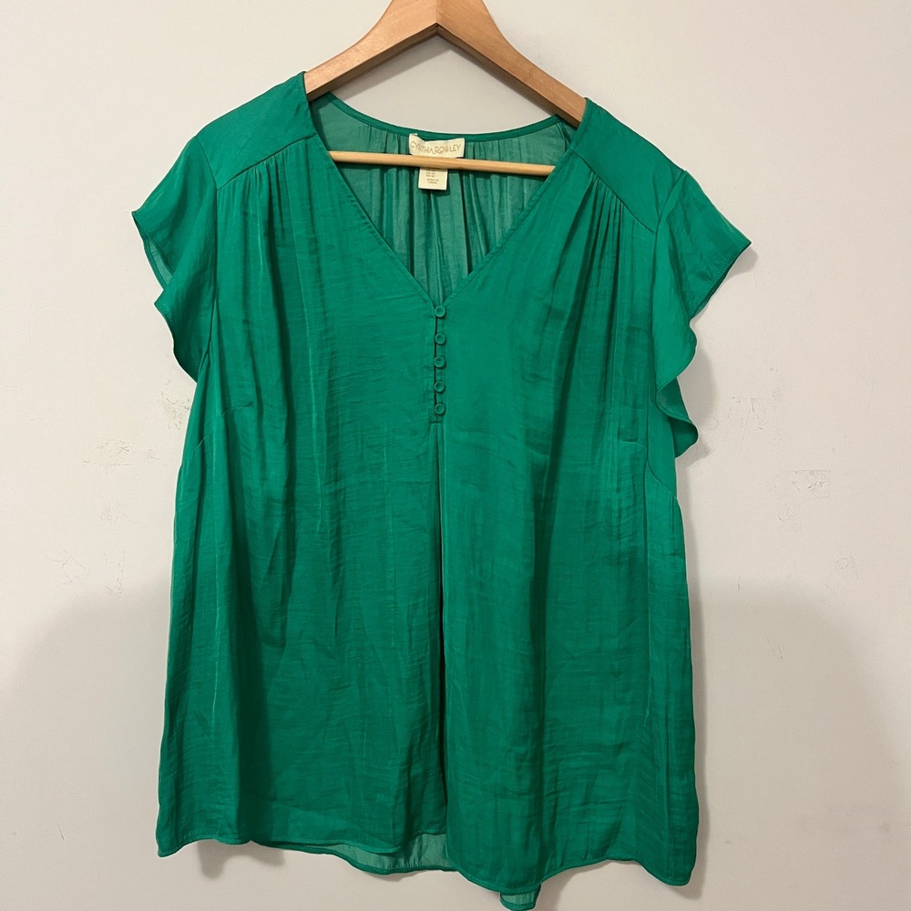 Cynthia Rowley Flutter Sleeve V-Neck Blouse Boho Emerald Green 1X Button Detail